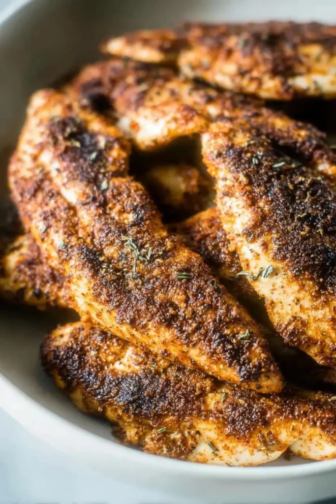 Blackened chicken tenders cooked in a skillet with smoky seasoning.