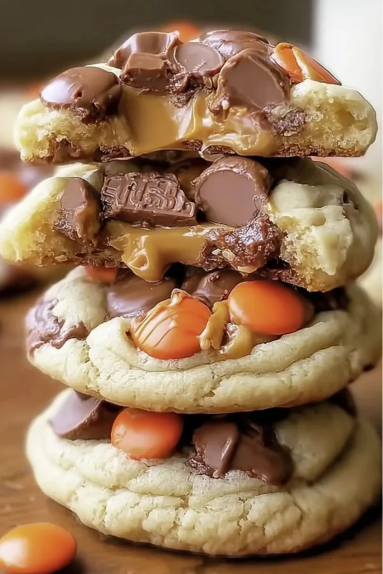 gooey reese's cheesecake cookies with melted chocolate drizzle