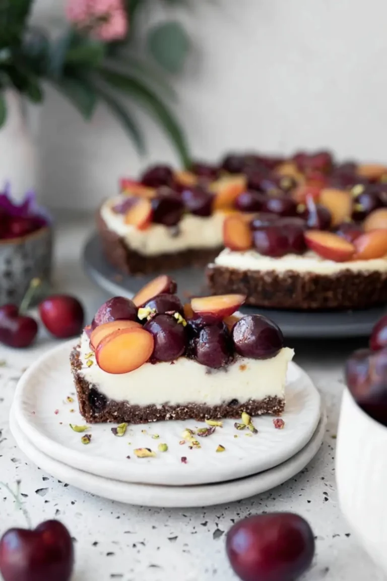 Cherry pistachio cheesecake bars with fresh cherries on top