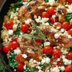 "Greek Chicken and Lemon Rice chicken rice feta tomatoes"