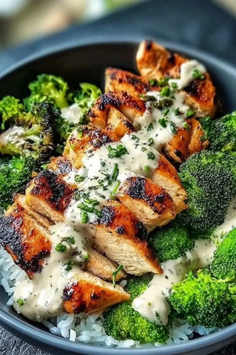 Grilled Chicken & Broccoli Bowls with Creamy Garlic Sauce