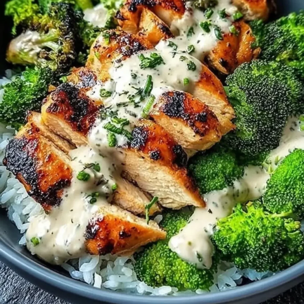 Grilled Chicken & Broccoli Bowls with Creamy Garlic Sauce