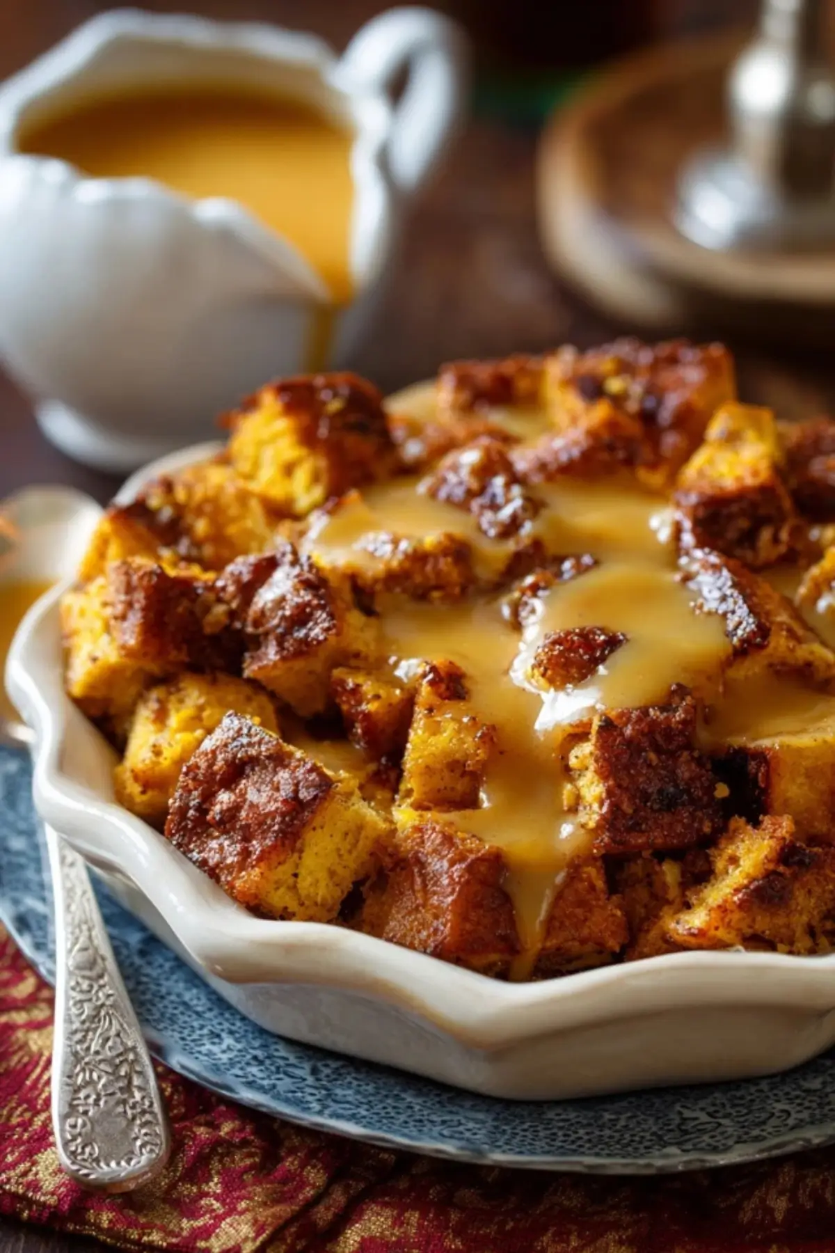 Pumpkin Bread Pudding with Apple Cider Butter Sauce