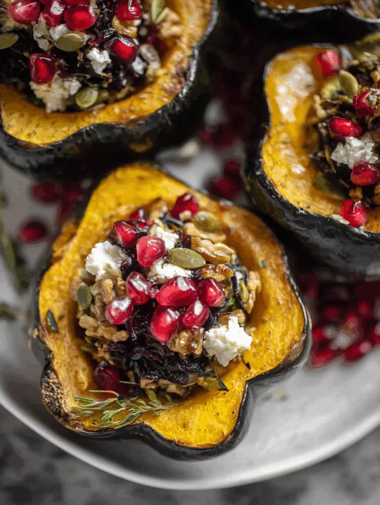 Cranberry and goat cheese stuffed acorn squash served on a rustic plate, showcasing vibrant colors and fresh herbs.
