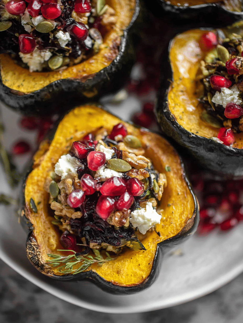 Cranberry and goat cheese stuffed acorn squash served on a rustic plate, showcasing vibrant colors and fresh herbs.