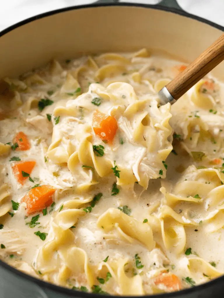Delicious creamy chicken noodle soup in a bowl, garnished with parsley and served with bread.