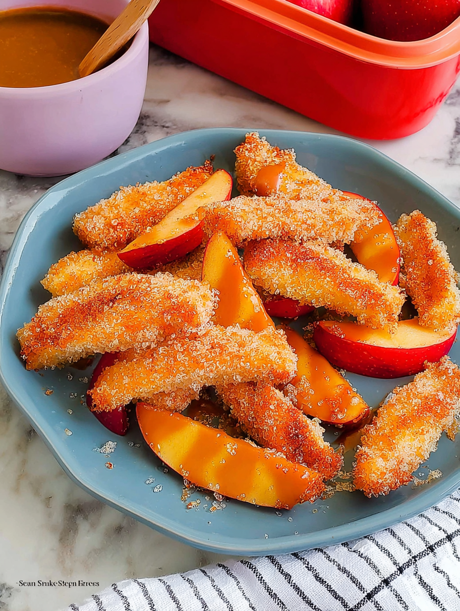 Air fryer apple fries garnished with graham cracker crumbs and served with caramel sauce.