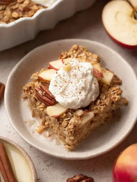 Warm apple pie baked oatmeal topped with fresh apple slices and cinnamon, perfect for fall, served in a rustic bowl.