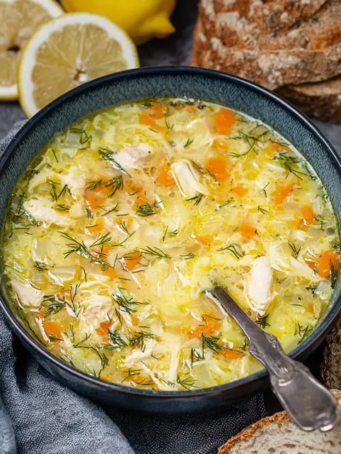 A bowl of Greek lemon chicken soup (Avgolemono) garnished with fresh dill, lemon zest, and served with a lemon half.