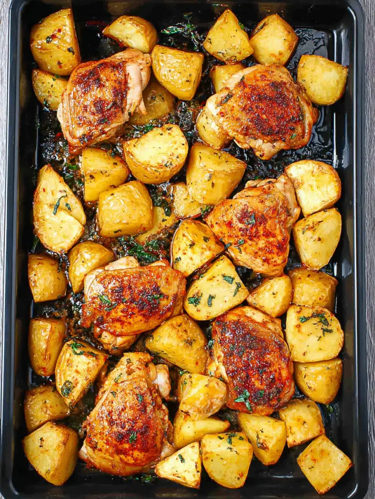 Juicy baked chicken thighs served with golden crispy potatoes, garnished with herbs.