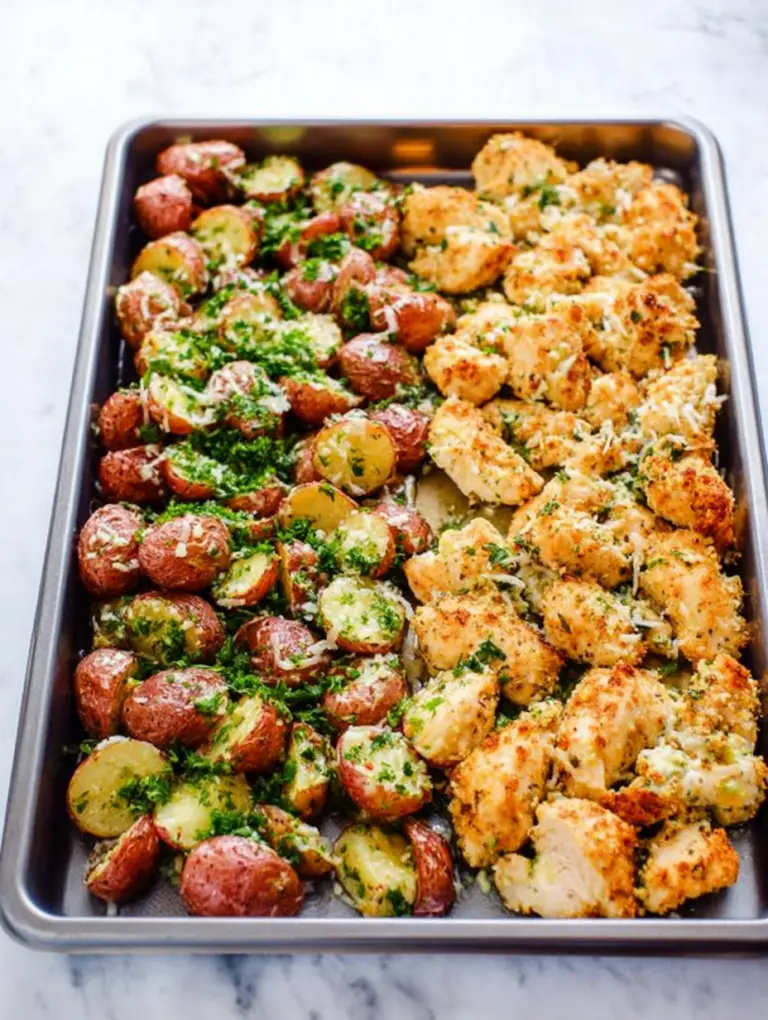 Plated baked garlic parmesan chicken and potatoes with fresh parsley and lemon wedges.