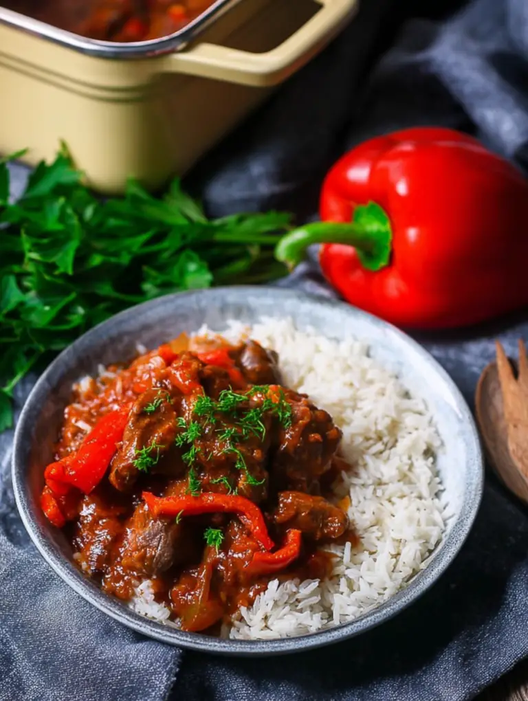 Braised veal and peppers served over creamy polenta, showcasing the rich tomato sauce and vibrant colors of the dish.