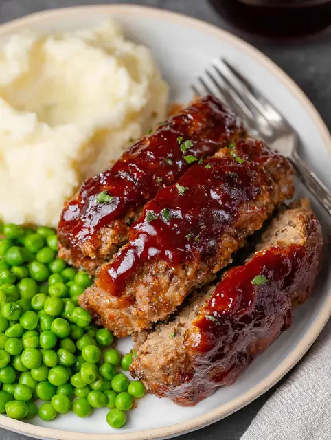 Close-up of a slice of brown sugar glazed meatloaf with rosemary garnish and mashed potatoes