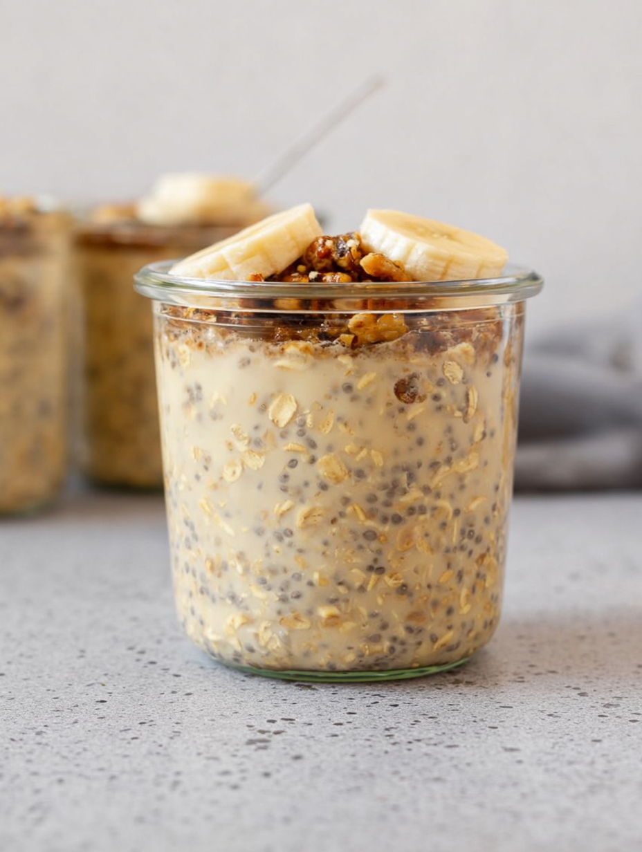 Bowl of brown sugar overnight oats topped with banana slices and cinnamon on a wooden table.
