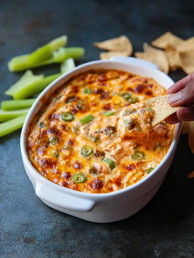 Delicious buffalo chicken dip topped with melted cheese and green onions, served with tortilla chips.