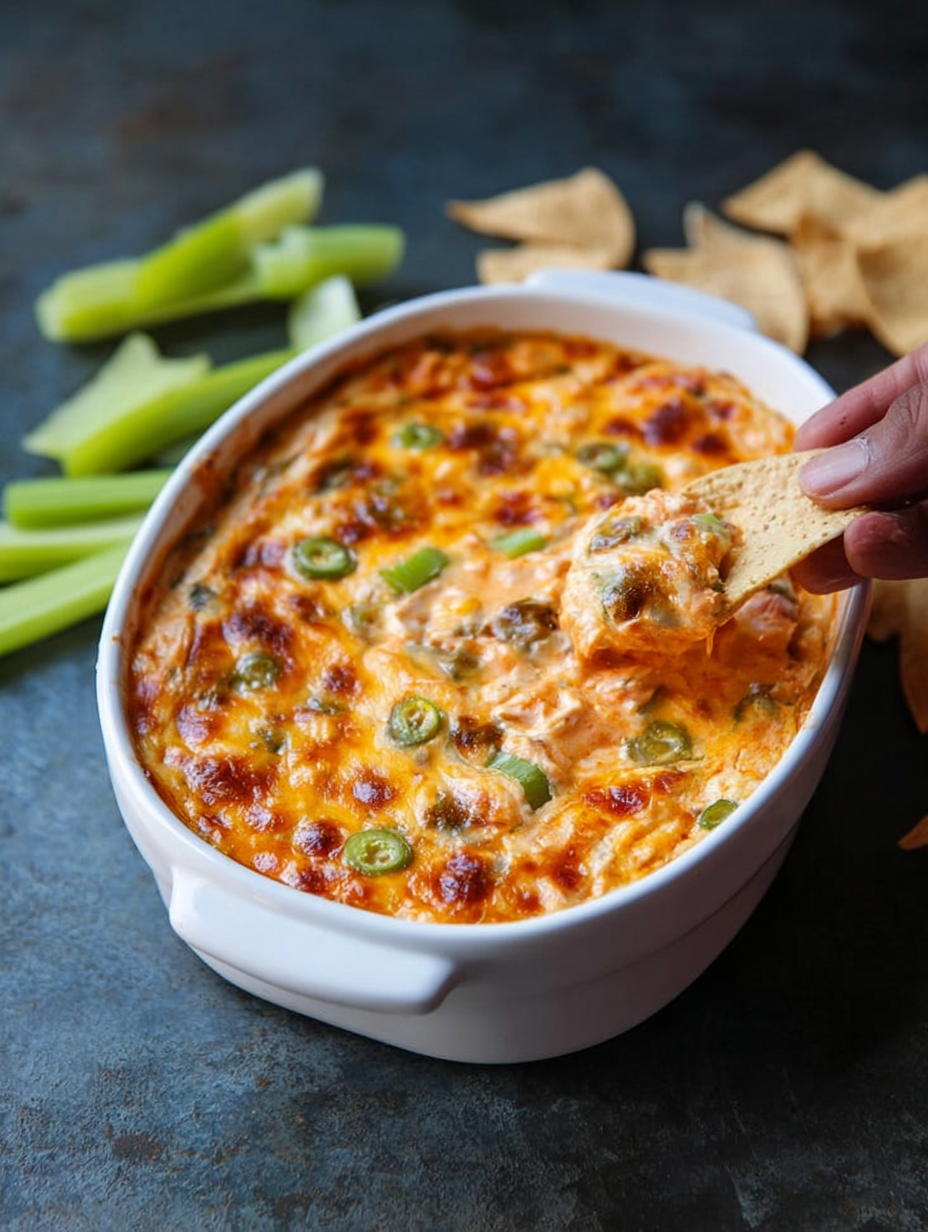 Delicious buffalo chicken dip topped with melted cheese and green onions, served with tortilla chips.