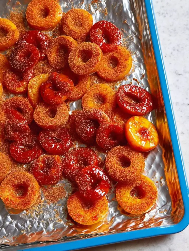 Close-up of chamoy peach rings coated in Tajín seasoning on a rustic platter.
