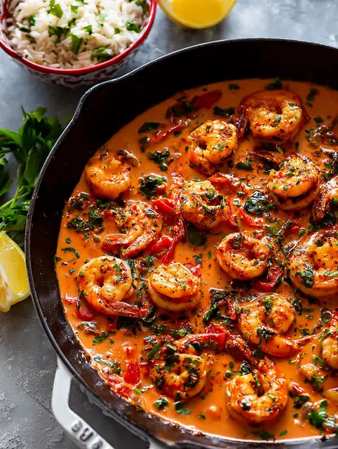 Creamy garlic-paprika shrimp skillet served over rice with parsley and lemon slices, vibrant colors of shrimp, spinach, and red peppers.