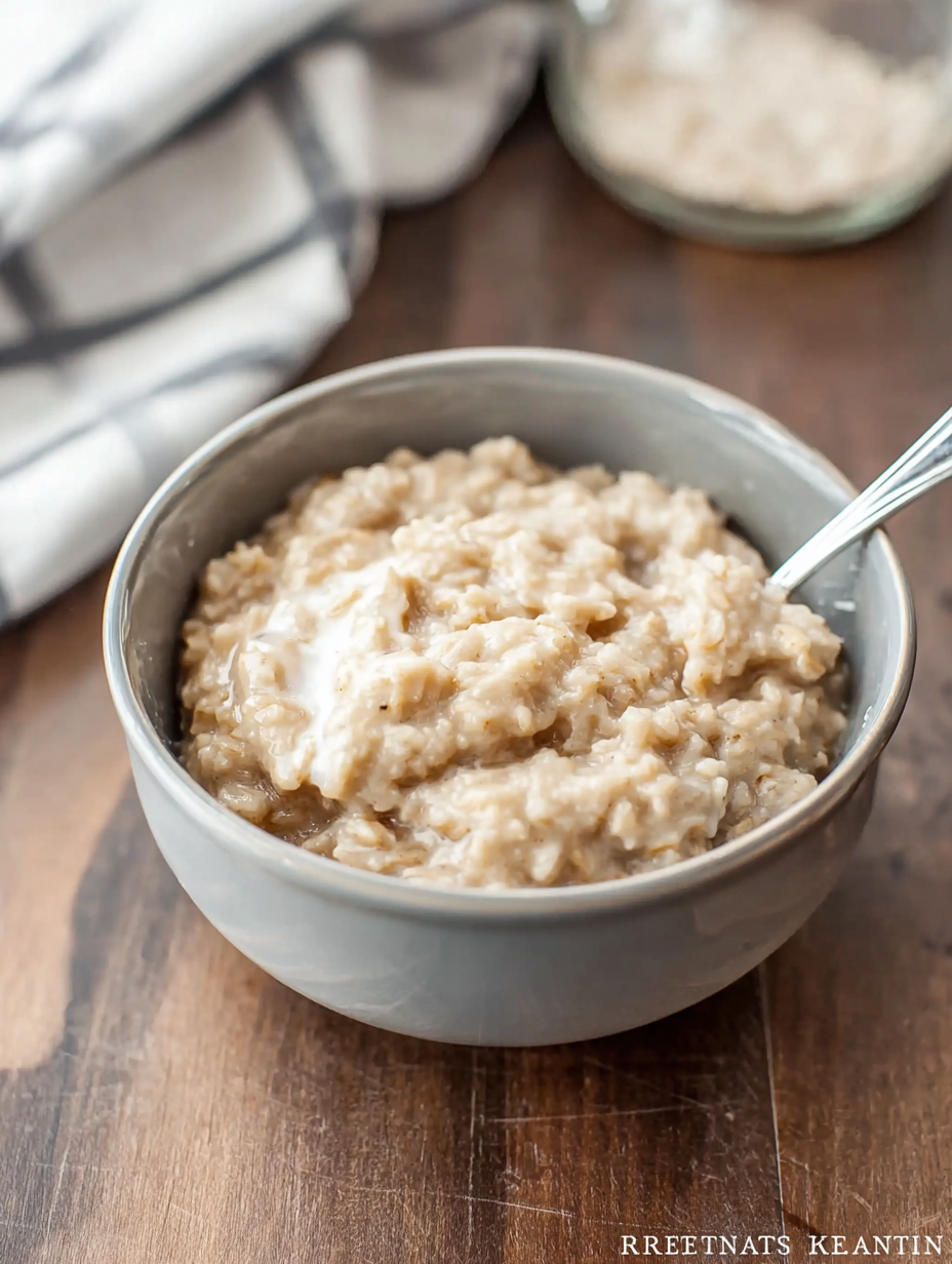 A bowl of ultimate creamy oatmeal topped with fresh berries and honey, showcasing a delicious breakfast setting.