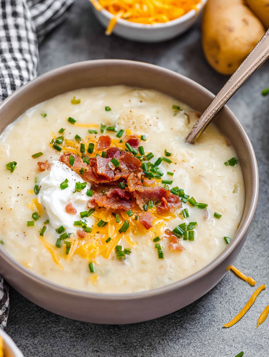 Creamy potato soup served in a bowl with bacon, green onions, and sour cream, perfect for a comforting meal.