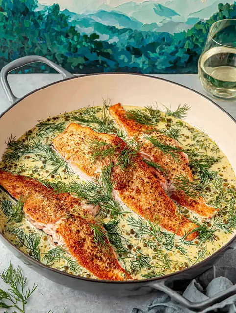 Creamy spring salmon garnished with fresh herbs and lemon, accompanied by roasted asparagus on a rustic table.