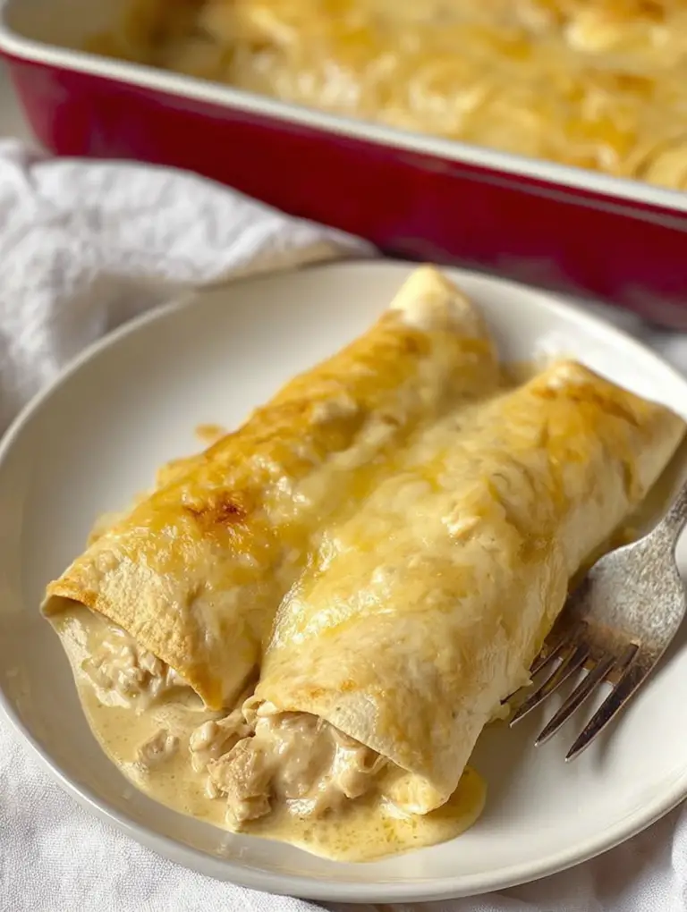Delicious creamy white chicken enchiladas topped with cheese and green chiles, a perfect family meal.