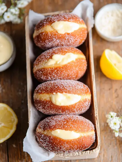 Delicious Italian Bomboloni doughnuts dusted with sugar on a wooden board.