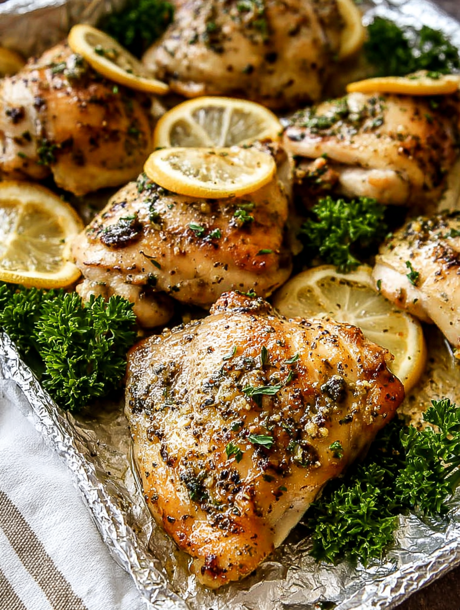 Plated garlic lemon chicken served with golden baby potatoes and broccoli, garnished with parsley.