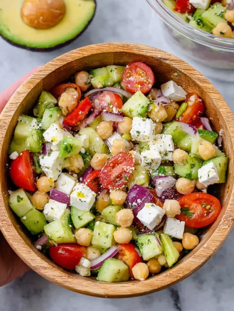 Greek Chickpea Feta and Avocado Salad in a bowl, featuring cherry tomatoes, cucumbers, and feta cheese.