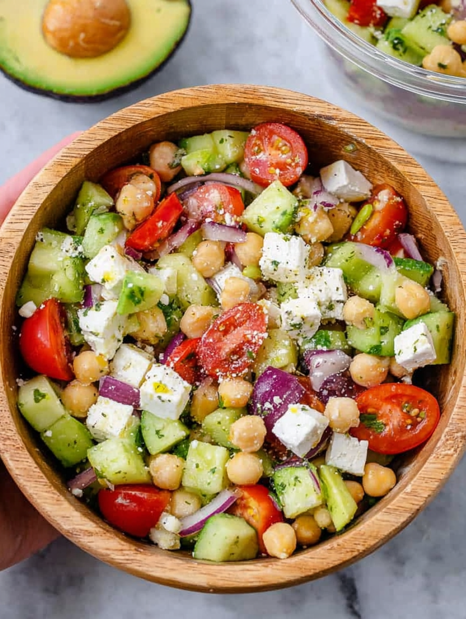 Greek Chickpea Feta and Avocado Salad in a bowl, featuring cherry tomatoes, cucumbers, and feta cheese.
