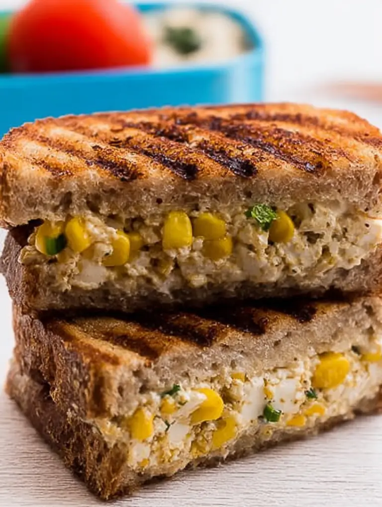 Grilled cheese paneer and corn sandwich with melted cheese and tomato ketchup