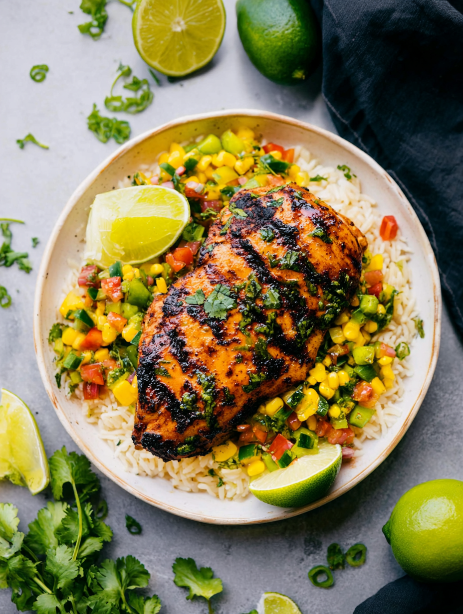 Grilled cilantro lime chicken with mango-avocado salsa and lime wedges on a white plate.