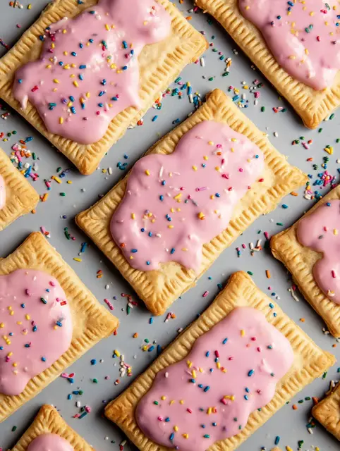 Delicious homemade pop tart topped with icing and colorful sprinkles on a wooden table.