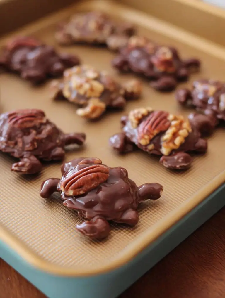 Close-up of delicious homemade turtles candy with pecans, caramel, and chocolate on a plate.