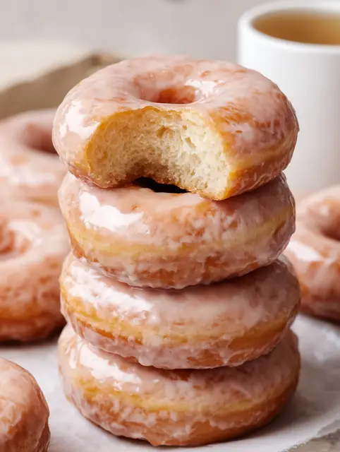 Freshly made Krispy Kreme copycat glazed doughnuts on a wooden table, showcasing their shiny glaze.