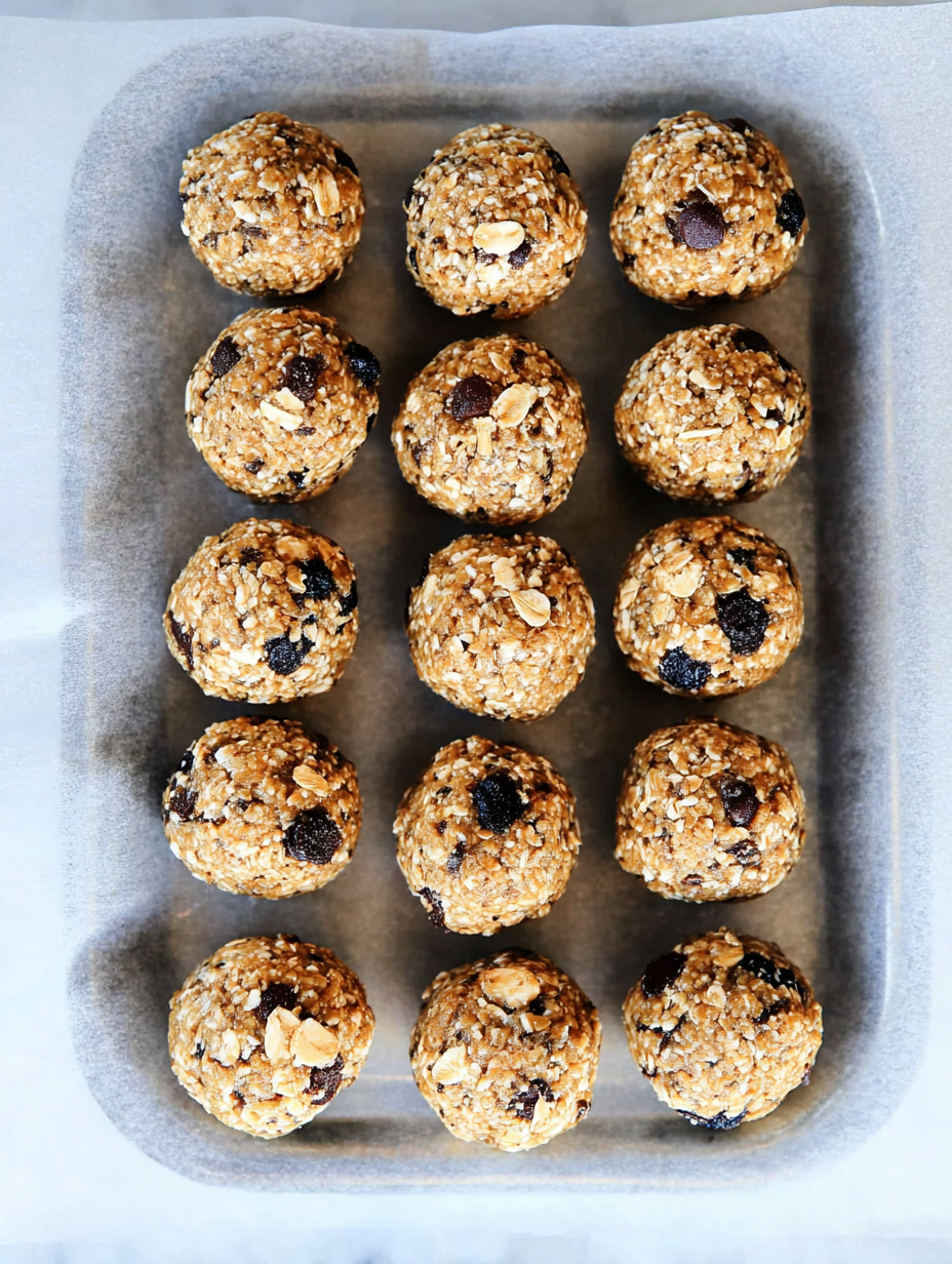 Close-up of no-bake protein balls with oats and chocolate chips on a wooden board