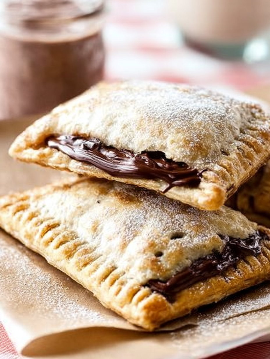 Delicious Nutella pop tarts arranged on a wooden table, topped with powdered sugar and a mint sprig.