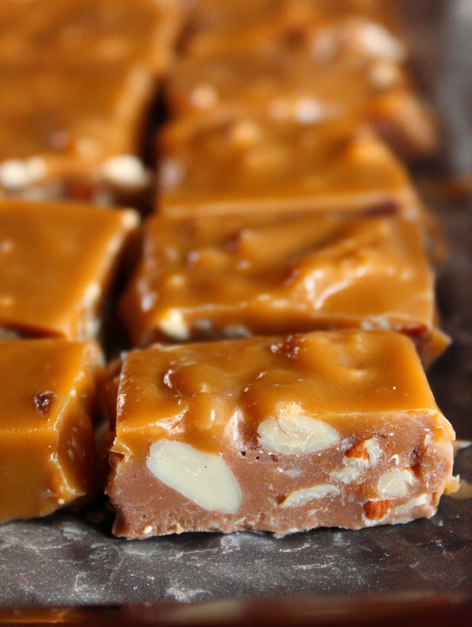 Close-up of Oklahoma Nut Candy squares garnished with walnuts, displaying the rich, brown texture of the dessert.