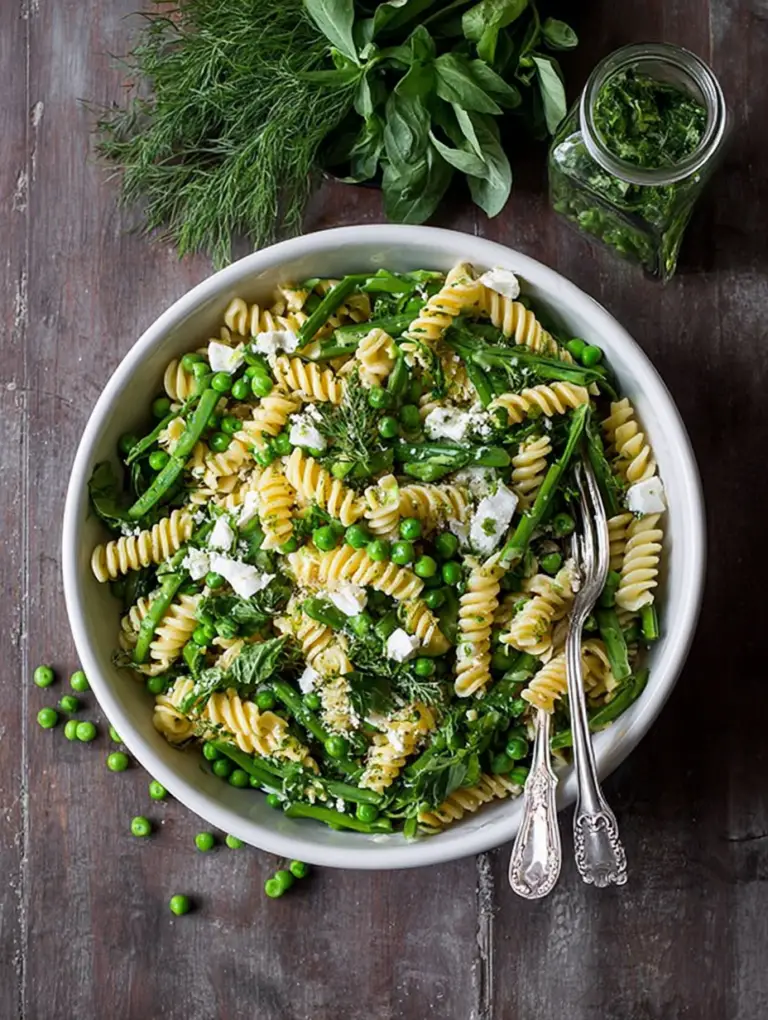 Bowl of pea pasta with mint and lemon zest, garnished with fresh herbs and truffle oil.