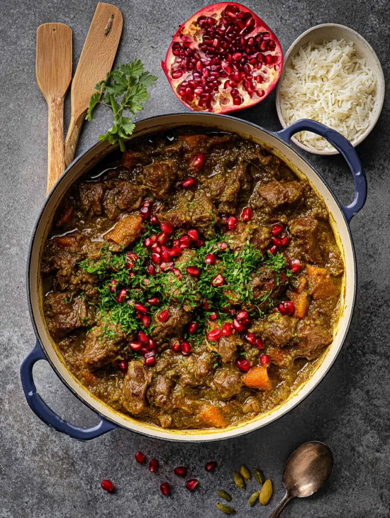 Delicious Persian lamb stew garnished with parsley and mint, served with basmati rice.