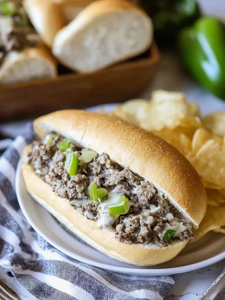 Close-up of a Philly cheesesteak sandwich filled with ground beef, provolone cheese, and bell peppers.