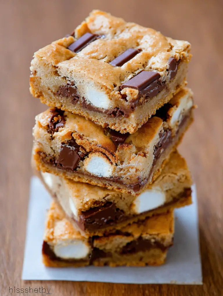 Close-up of gooey S'mores Bar with chocolate and marshmallows, topped with graham crackers.