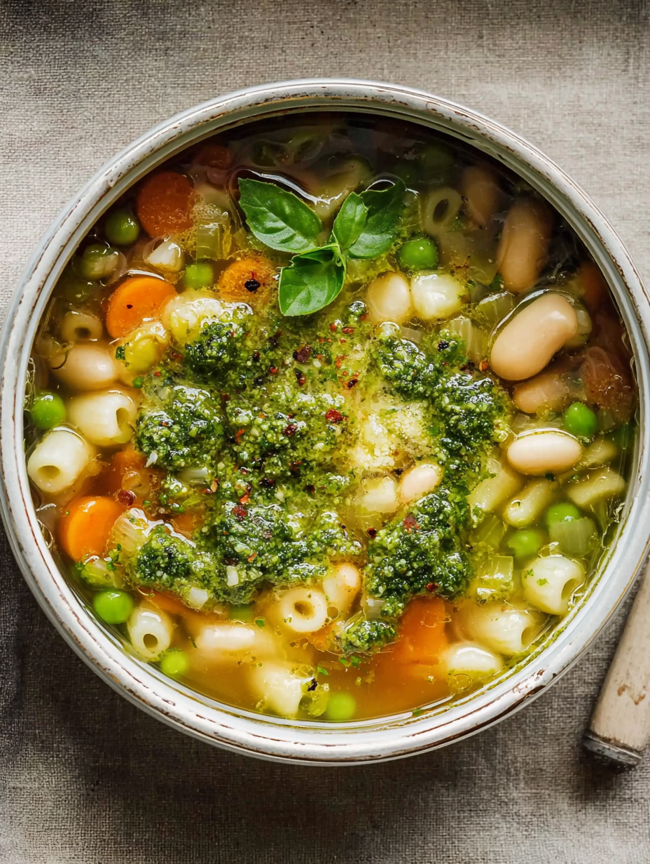 Bowl of Soupe au Pistou topped with basil and olive oil on a wooden table.