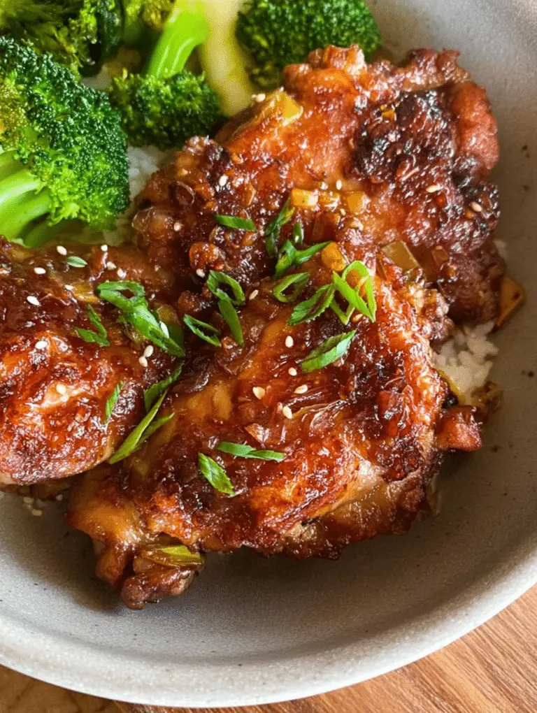 Close-up of soy garlic chicken thighs cooking in a skillet with a glossy sauce and minced garlic.