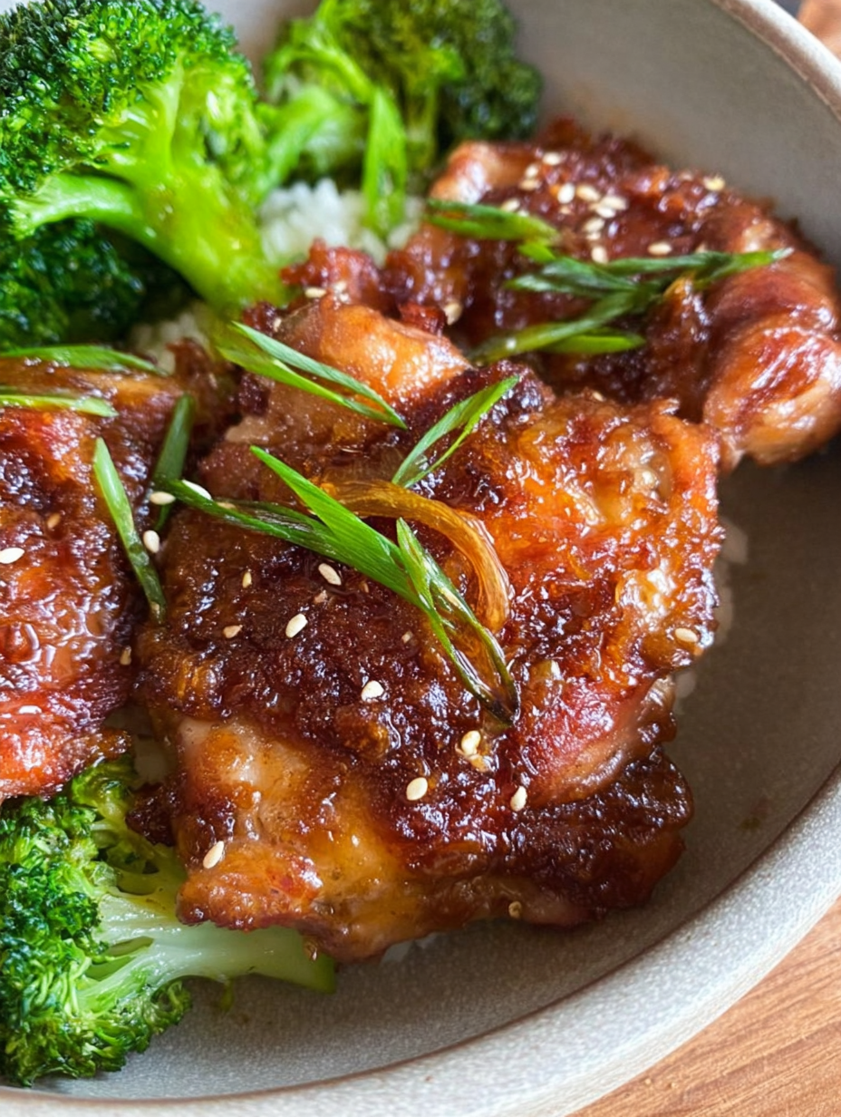 Plated soy garlic chicken thighs with green onions and sesame seeds, served with rice and vegetables