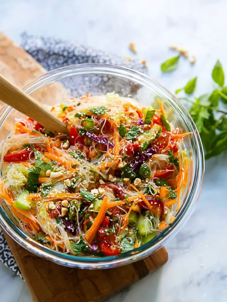 Bowl of spring roll salad with colorful veggies and spicy ginger dressing topped with peanuts and herbs.