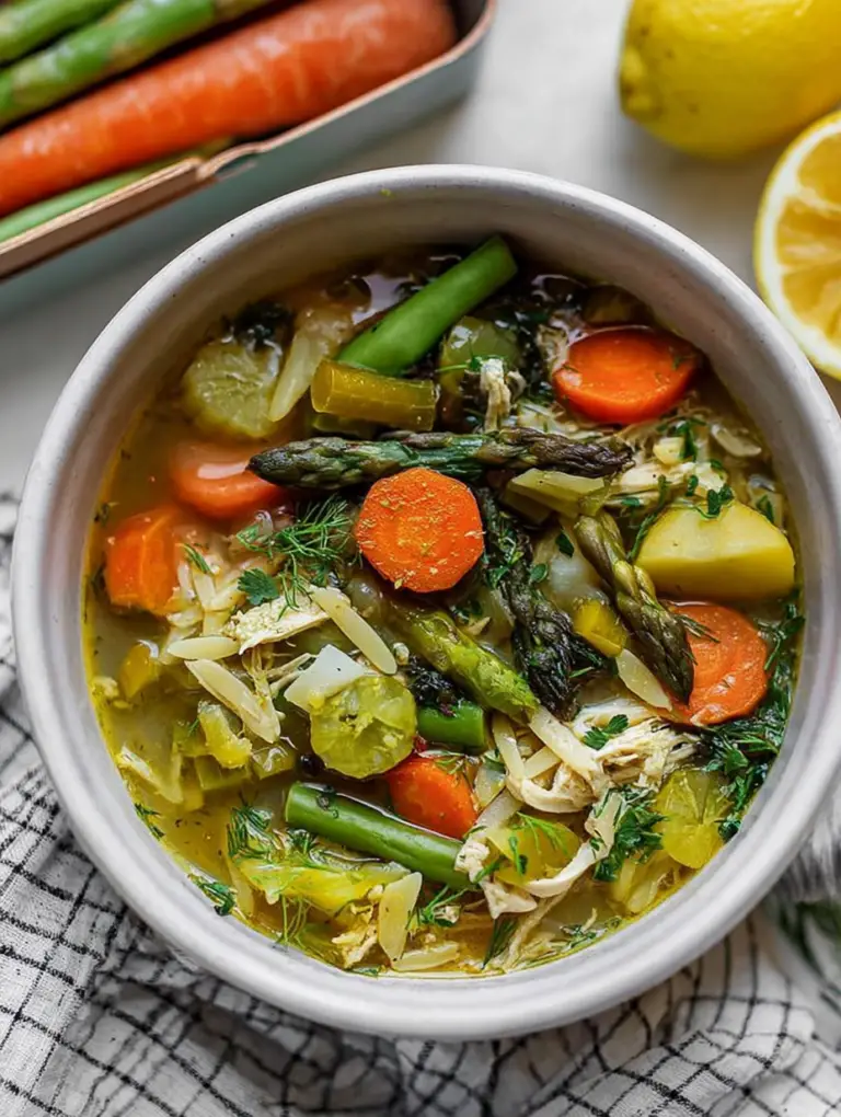 Bowl of fresh spring vegetable soup with orzo, colorful vegetables, and a touch of lemon