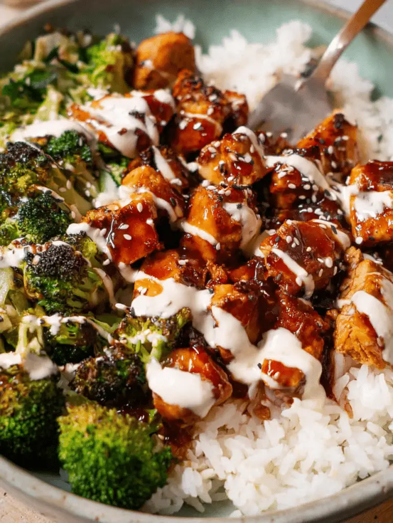 Delicious sticky chicken bowl with tender chicken, rice, and fresh vegetables