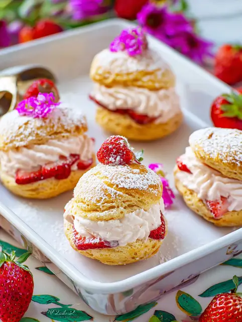 Close-up of delicious strawberry cream puffs topped with whipped cream and fresh strawberries on a white platter.