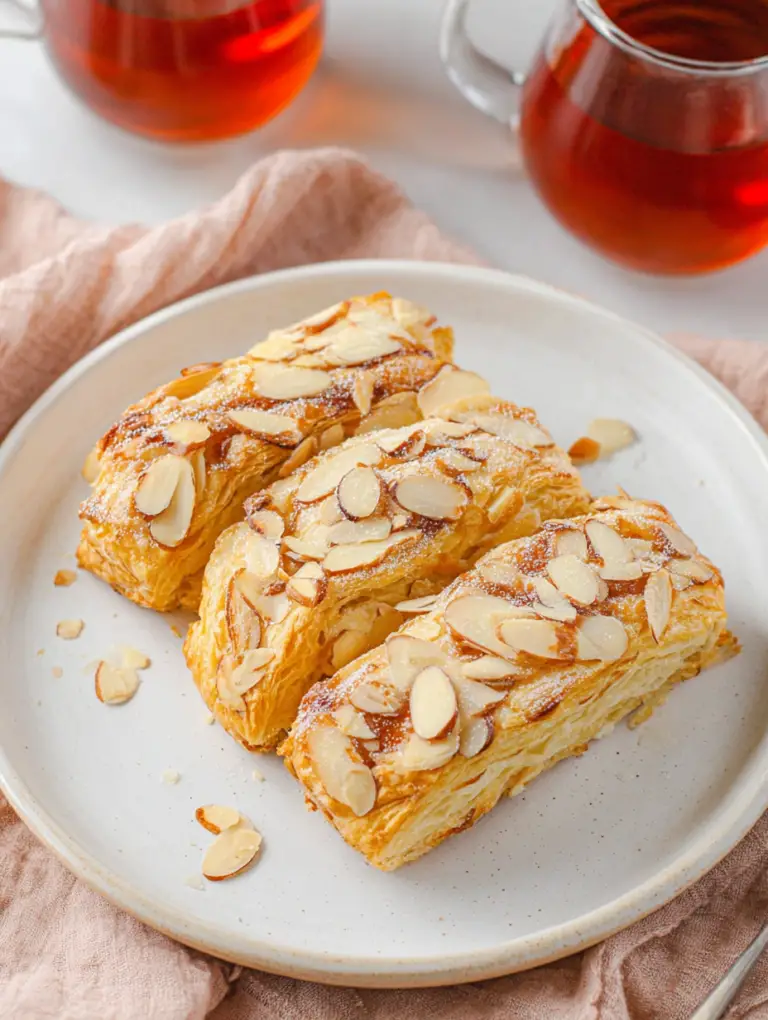 Freshly baked sweet almond pastry with powdered sugar and sliced almonds on a wooden table.